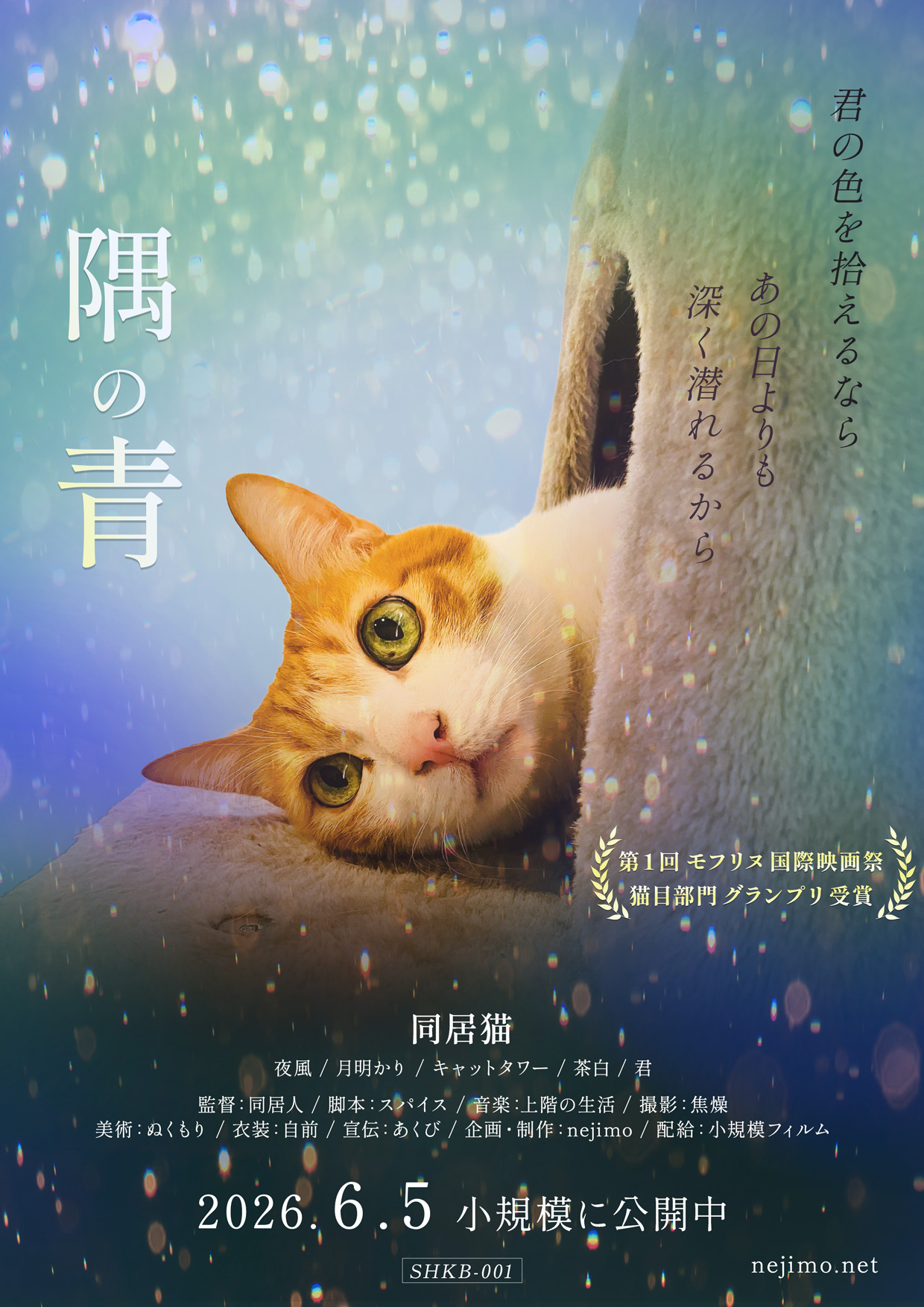 映画ポスター風作品『隅の青』。青い光の中で横たわる茶白の猫