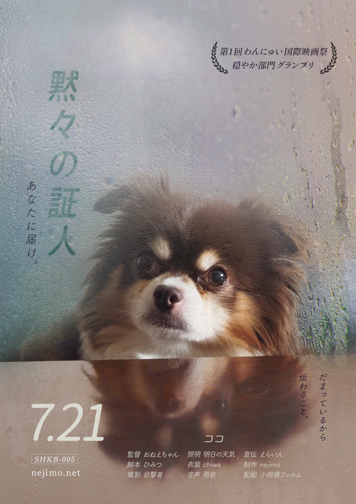 小規模フィルム作品005 黙々の証人 ポスター。結露したガラス越しに見上げる茶白の犬。縦書きで黙々の証人、下にだまっているから伝わること、の文字