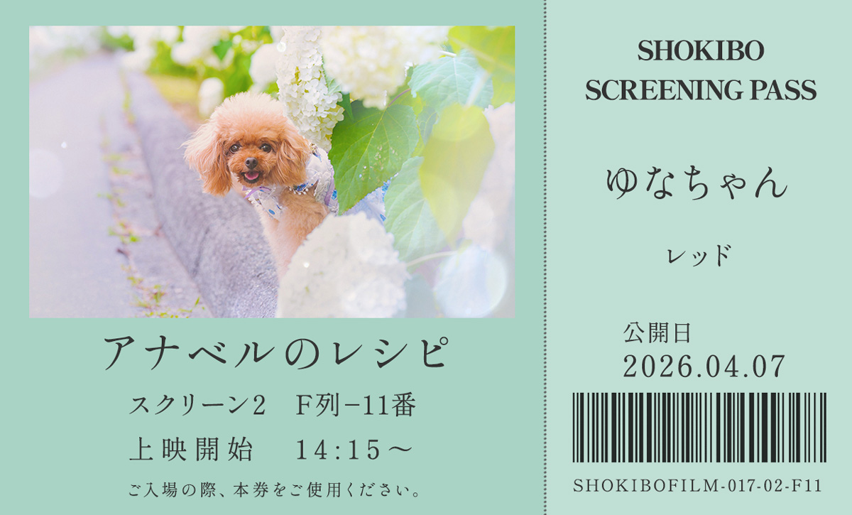 小規模フィルム作品017「アナベルのレシピ」の映画チケット。白いアナベルの花のあいだから笑顔をのぞかせるトイプードル・ゆなちゃんをデザインした一枚。テーマカラーはレッド。